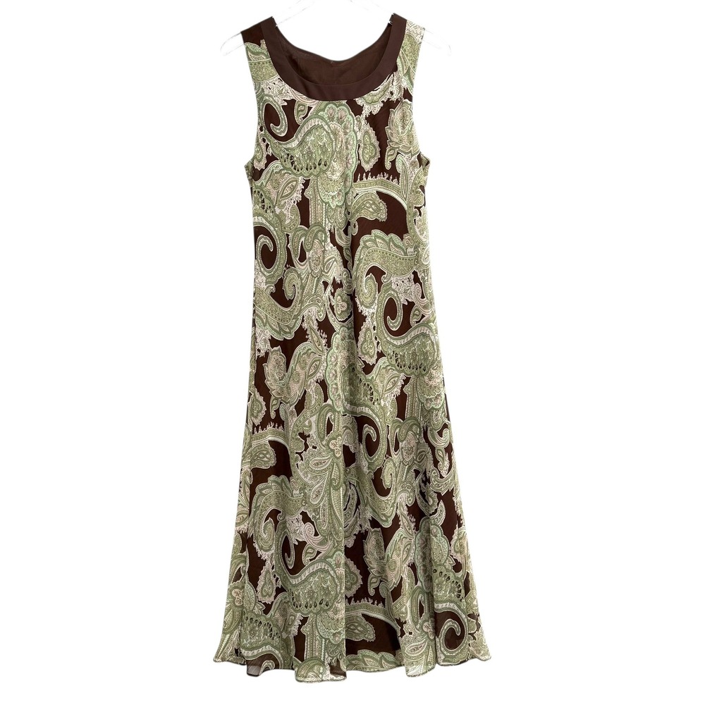 Vintage Paisley Midi Dress Size L Forest Fairy Sleeveless Sage Green Brown Lined